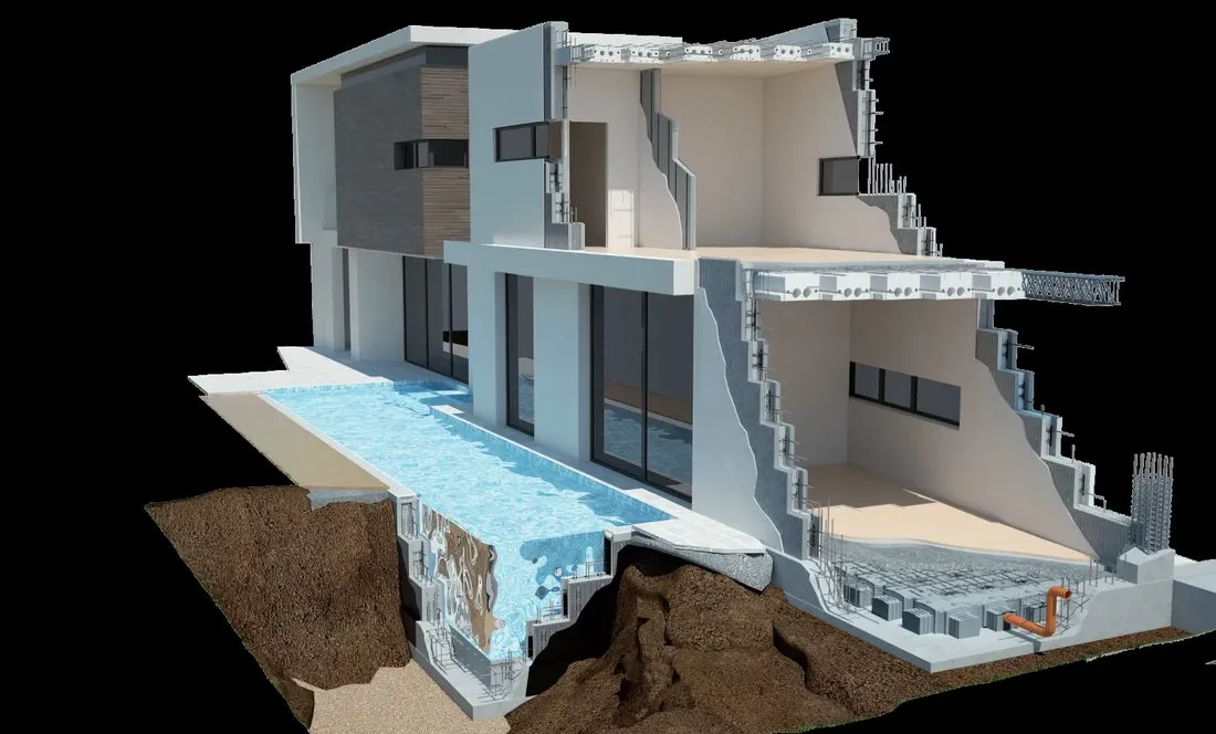 Coupe 3D d'una villa custruita cù u sistema Nudura : muri isolanti, planchers è fundazioni visibili